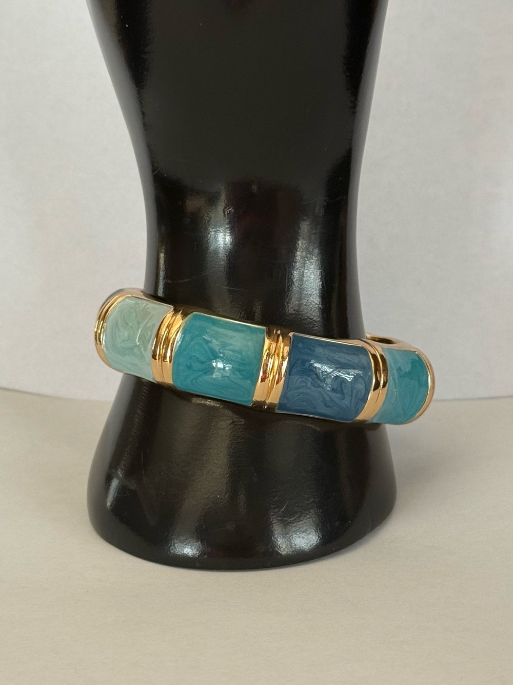 Gold-Tone Chunky Turquoise Multi-Blue Enamel Bangle Hinged Bracelet
